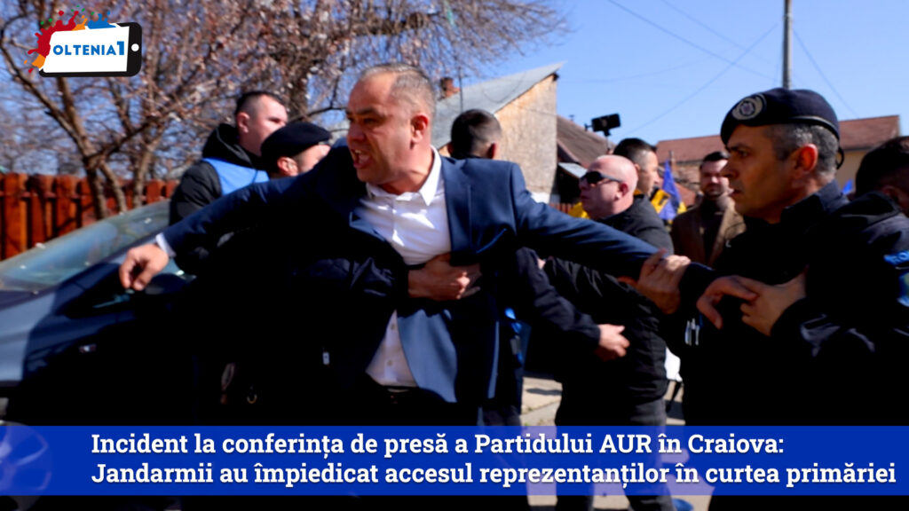 Incident la conferința de presă a Partidului AUR în Craiova: Jandarmii au împiedicat accesul reprezentanților în curtea primăriei