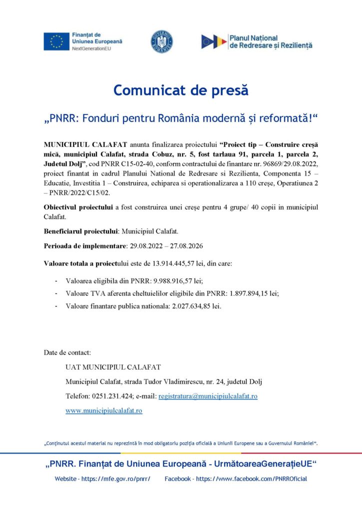 Comunicat de presă „PNRR: Fonduri pentru România modernă și reformată!“